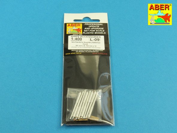 ABR-1:400-L-09  Дополнения для  Set of barrels for Royal Navy Battleships Hood 381 mm x 8, 102 mm x 14 универсальный набор 1/400