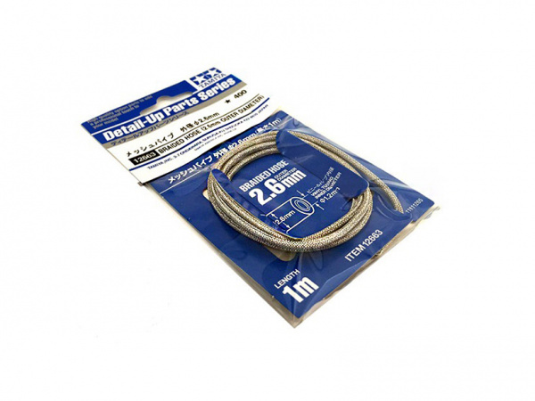 12663T Плетеный шланг, внеший диаметр 2,6мм, внутренний 1.2мм. Может использоваться для тормозных, топливных шлангов, высоковольтных проводов и т.п. Подходит для 1/24, 1/12 и 1/6 масштабов. Tamiya