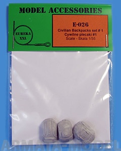 E-027 Дополнения для моделей Civilian Backpacks set#2 in 1/35 scale. Set contains 3 elements made in resin.
