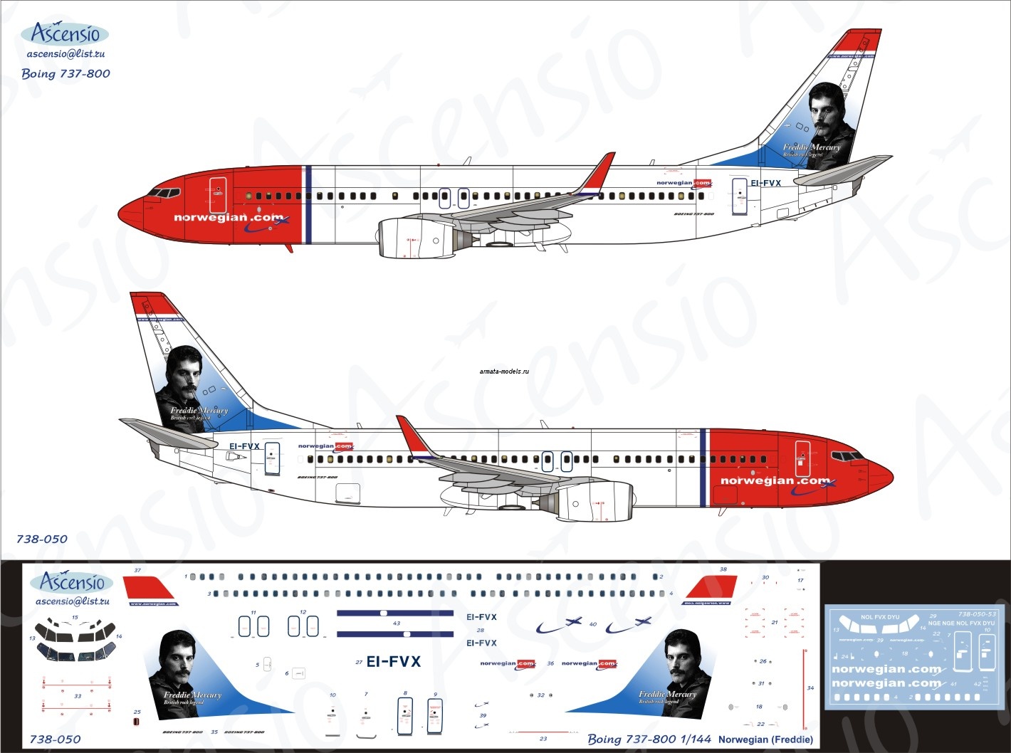 738-050 Декаль для самолета Boeing 737-800 Norwegian (Freddie) 1/144